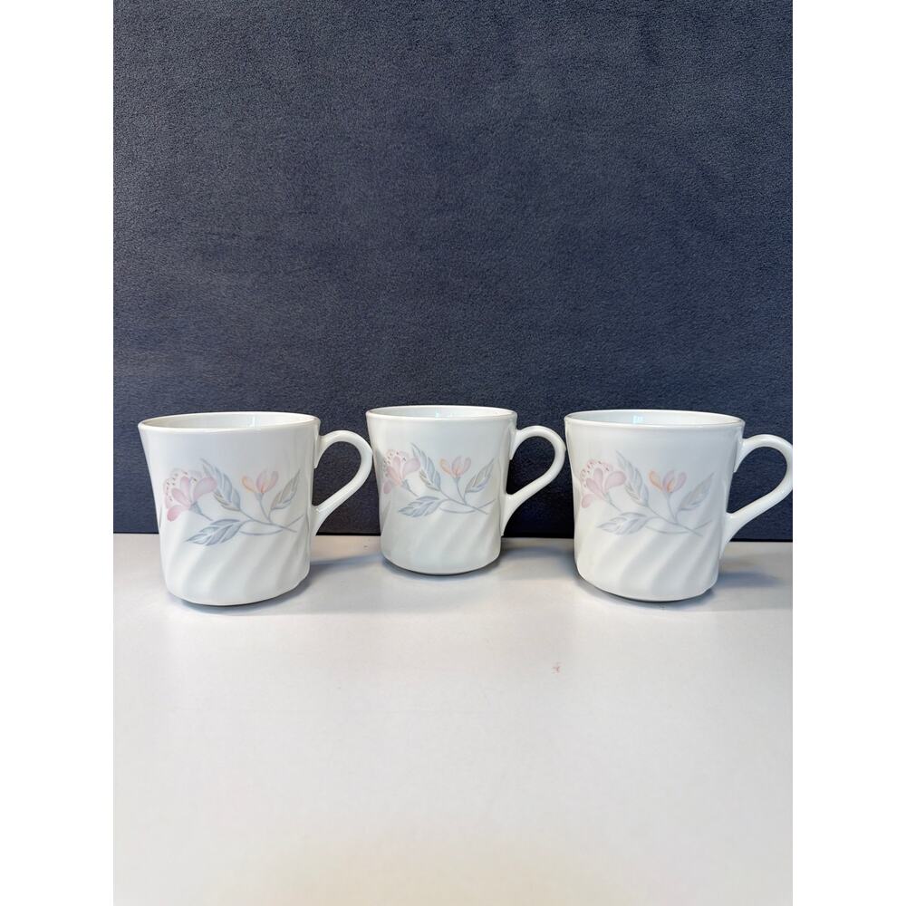 VTG Corning Pink Trio Swirl Stoneware Mugs Cups Flower Design Lot of 3